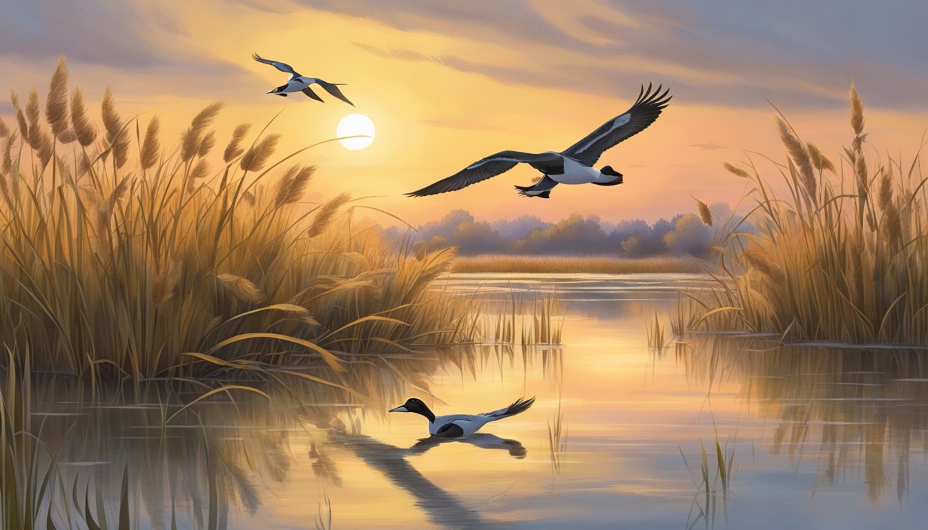 A serene South Dakota marsh at sunrise, with ducks flying low over the water, and a hunter hidden in the reeds