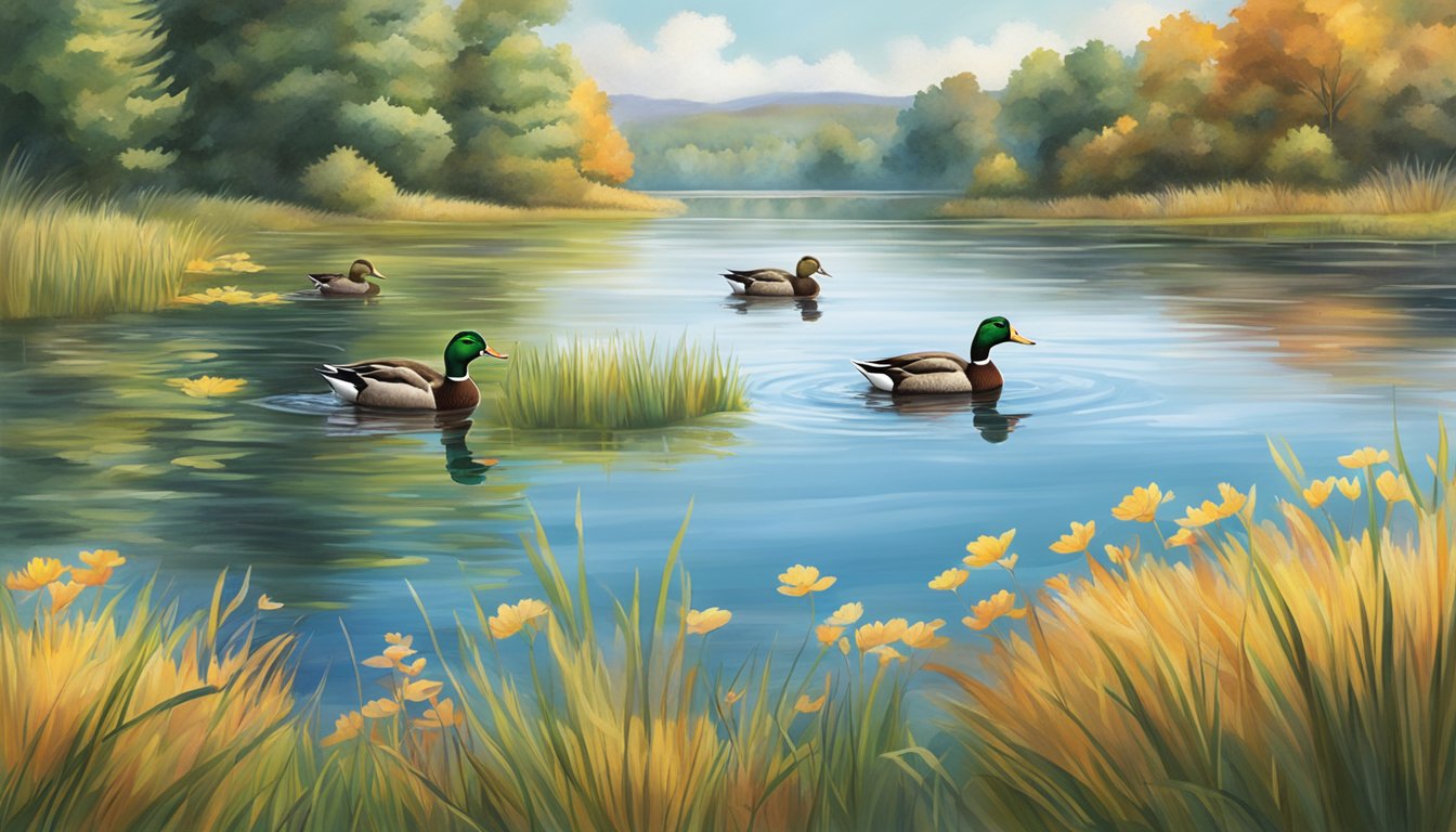 Ducks swimming in a serene Vermont pond, surrounded by tall grasses and colorful foliage in the distance