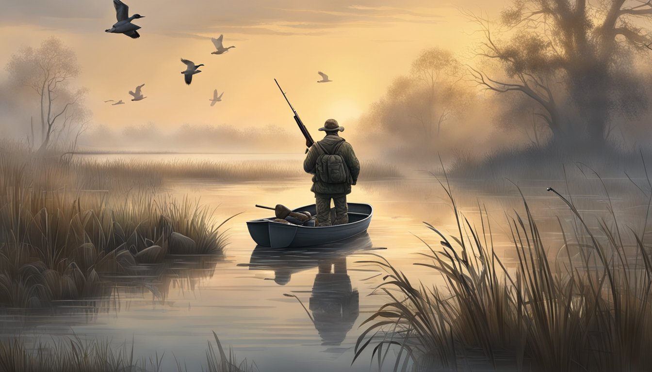 A misty morning marsh with a duck decoy spread and a hunter hidden in a blind, shotgun at the ready