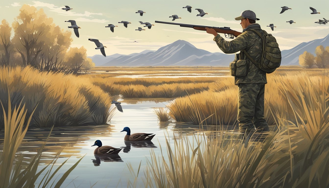 A hunter in camouflage aiming a shotgun at a flock of ducks flying over a marshy wetland in Utah