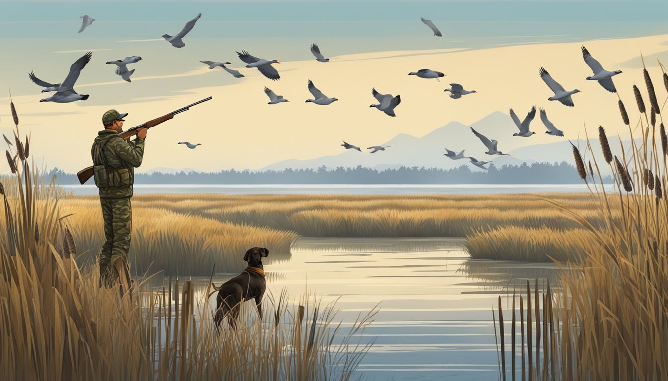 A hunter in camouflage waits by a marsh, surrounded by reeds and cattails. A flock of ducks flies overhead, while a hunting dog stands at the ready