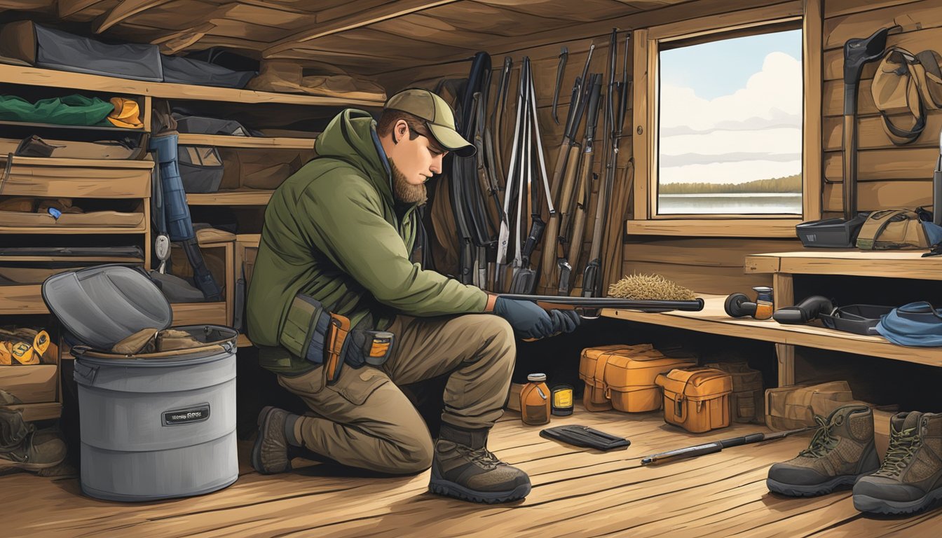 A hunter packing gear and checking safety equipment in a Vermont duck hunting blind