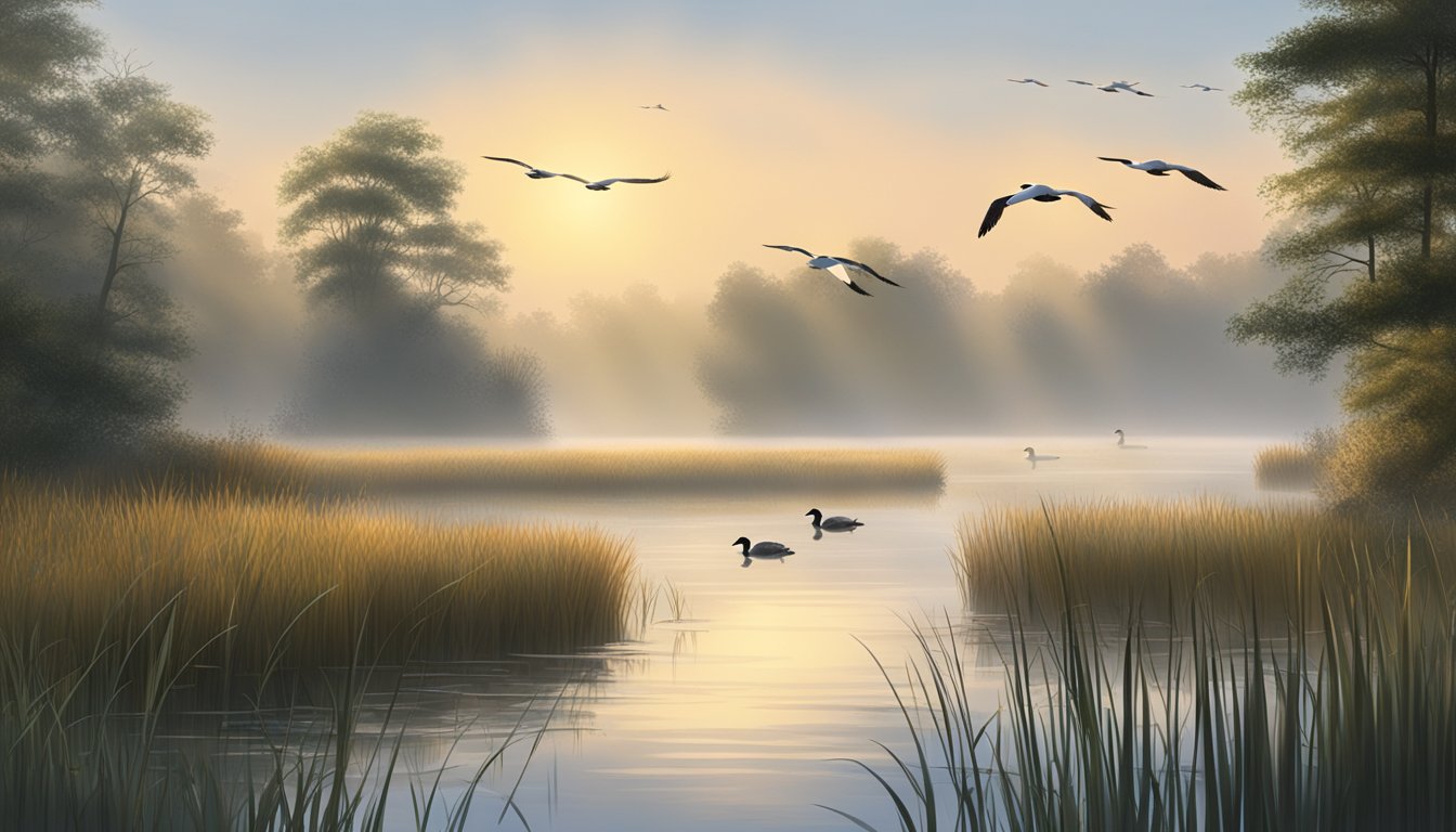 A serene Vermont marshland at dawn, with mist rising from the water and ducks gliding across the surface, surrounded by tall reeds and trees