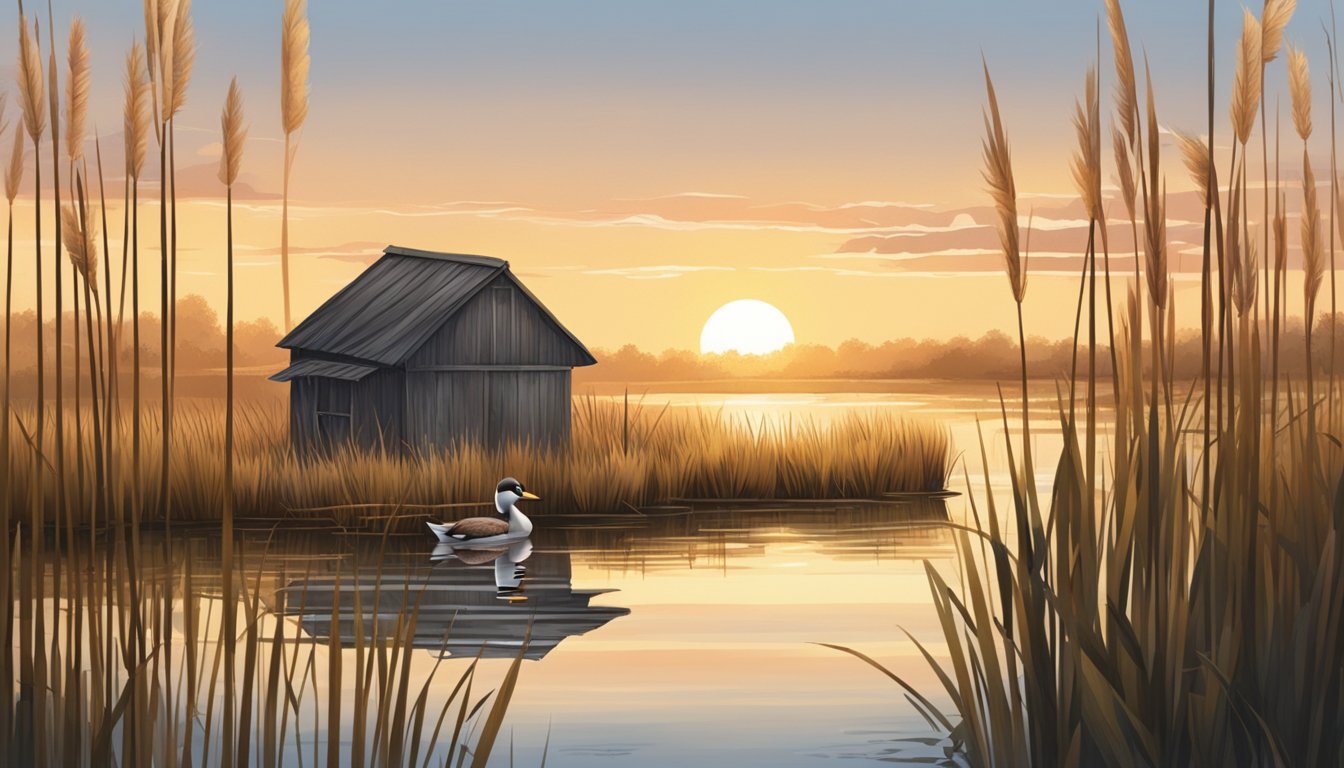 A serene marsh at sunrise, with a wooden duck blind nestled among the tall reeds and a few decoys floating on the calm water