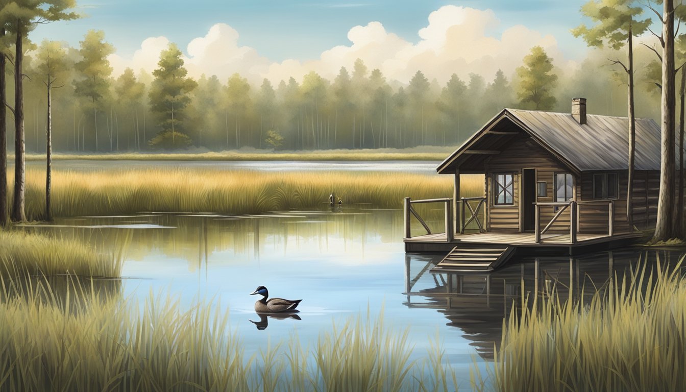 A serene lake surrounded by marshland, with a rustic cabin and duck hunting blinds in the distance