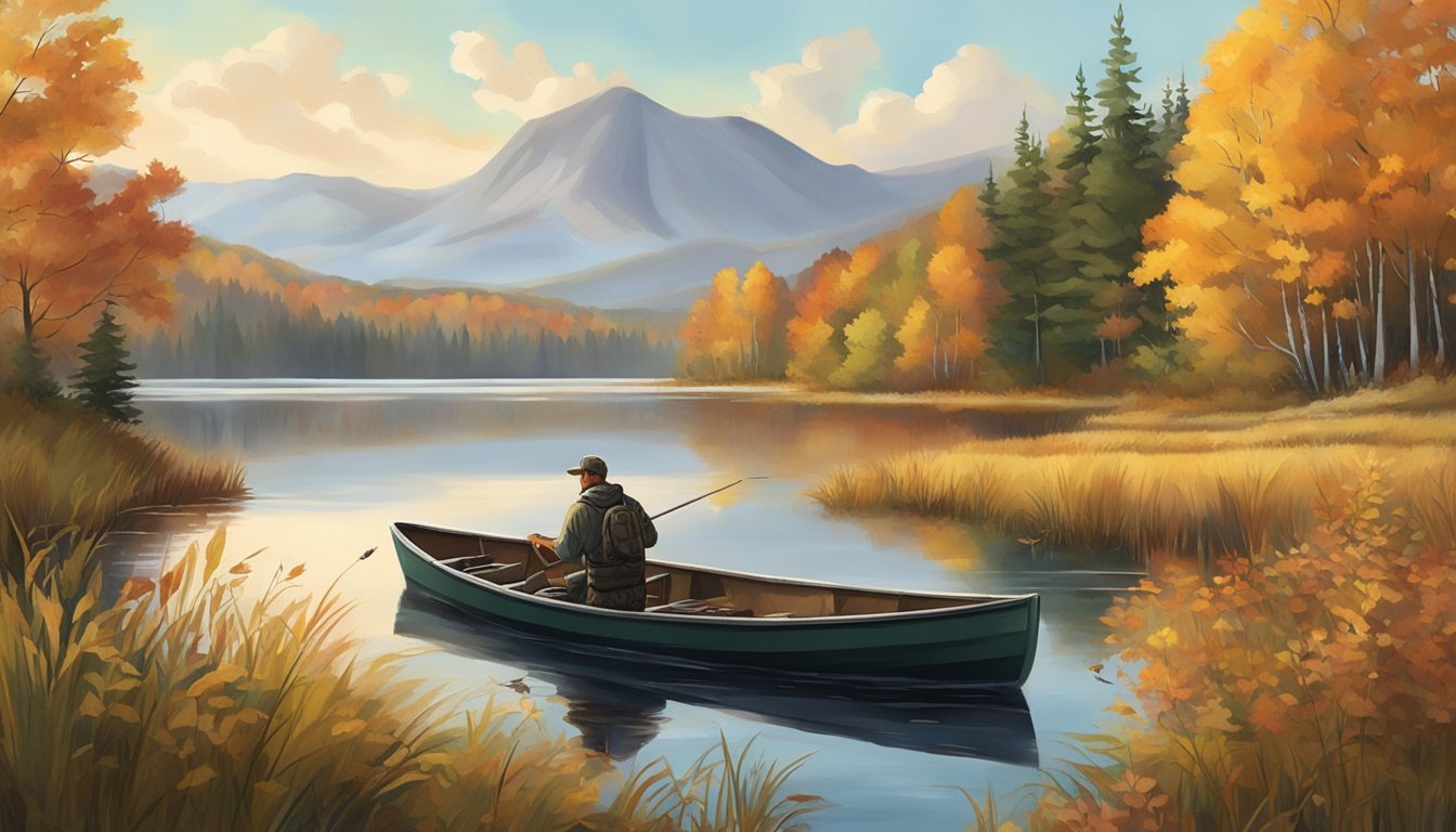 A hunter unloading gear from a small boat at the edge of a serene Vermont lake, surrounded by tall grass and autumn foliage