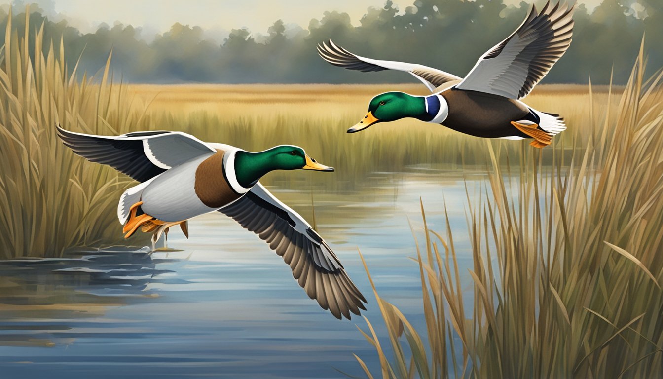 Mallard ducks flying over a marsh in South Carolina, with cattails and tall grasses in the background