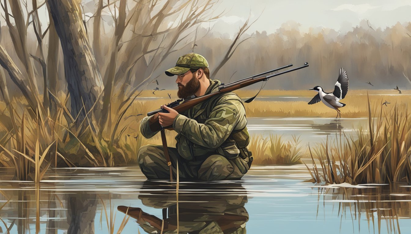 A hunter in camouflage aiming at ducks in a marsh