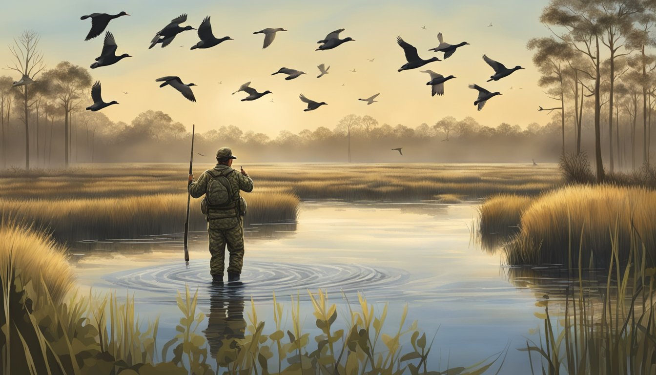 A hunter in camouflage aims at a flock of ducks flying over a marsh in South Carolina, with a focus on ethical and conservation practices