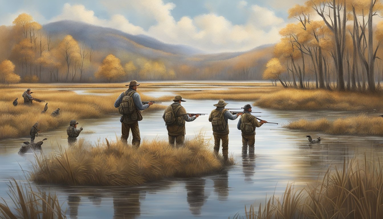 A group of hunters wading through a marsh, aiming their shotguns at a flock of ducks flying overhead in the West Virginia wilderness