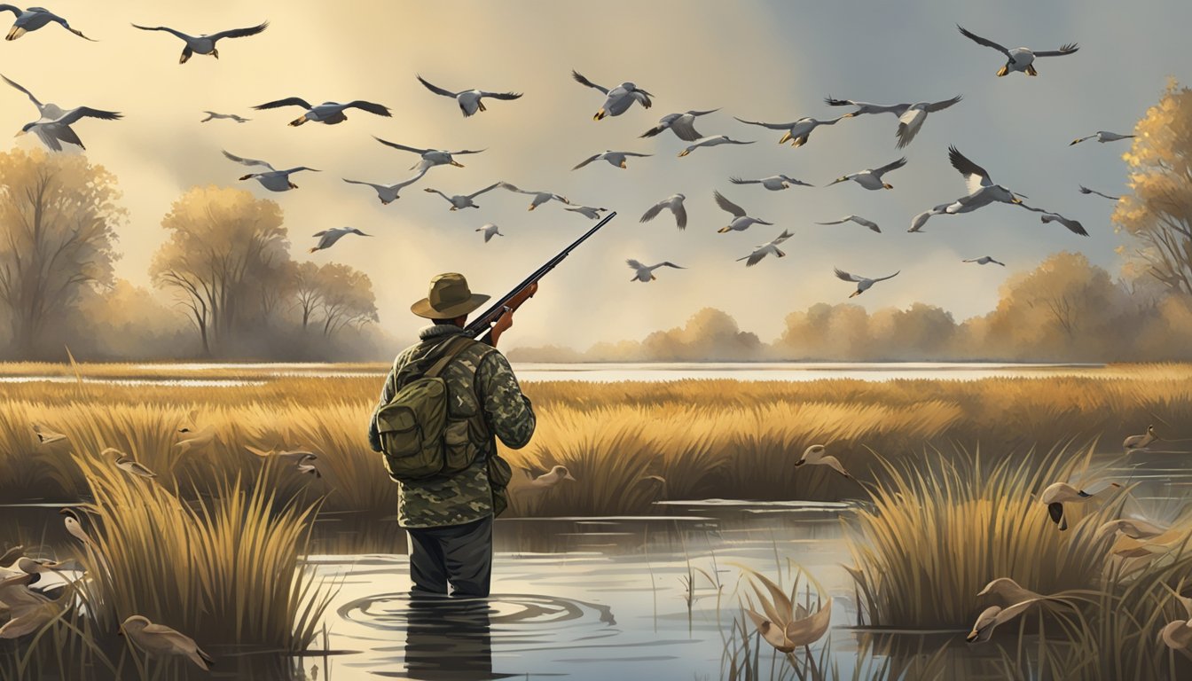 A hunter in camouflage wading through a marsh, aiming a shotgun at a flock of ducks flying overhead