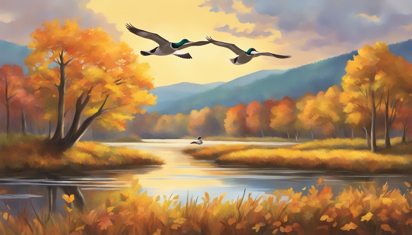 Ducks flying over a serene West Virginia marsh, surrounded by colorful autumn foliage