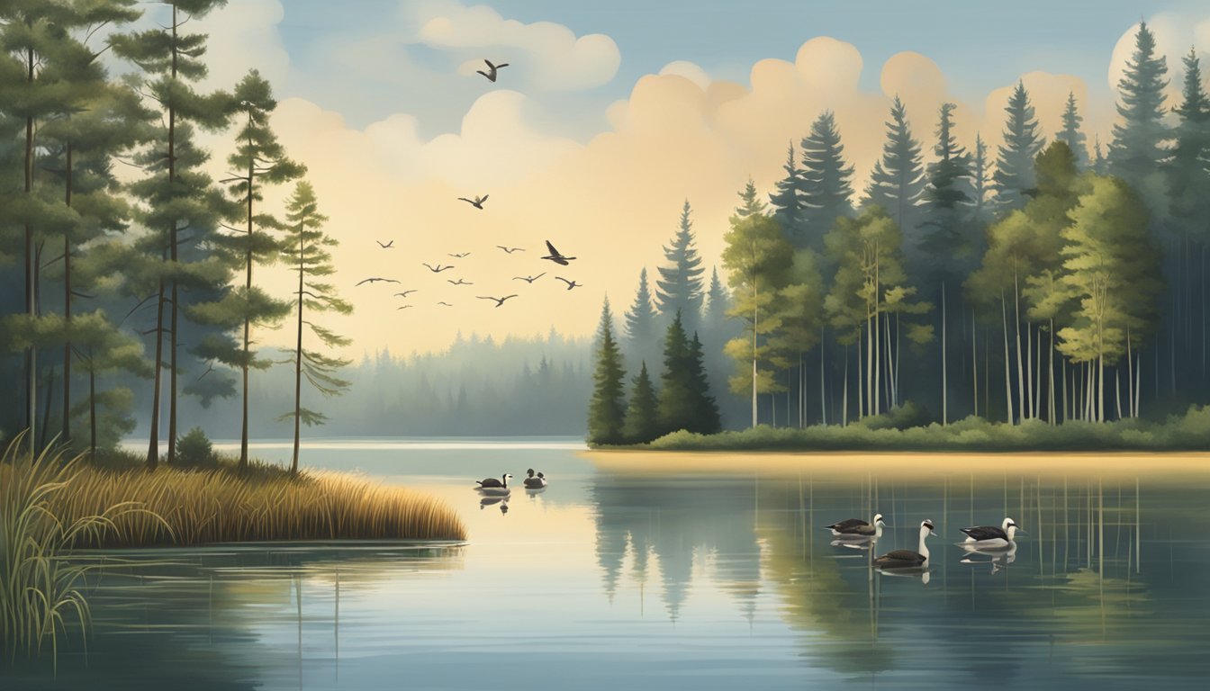 A serene lake in Washington, surrounded by tall reeds and trees, with ducks gliding across the water