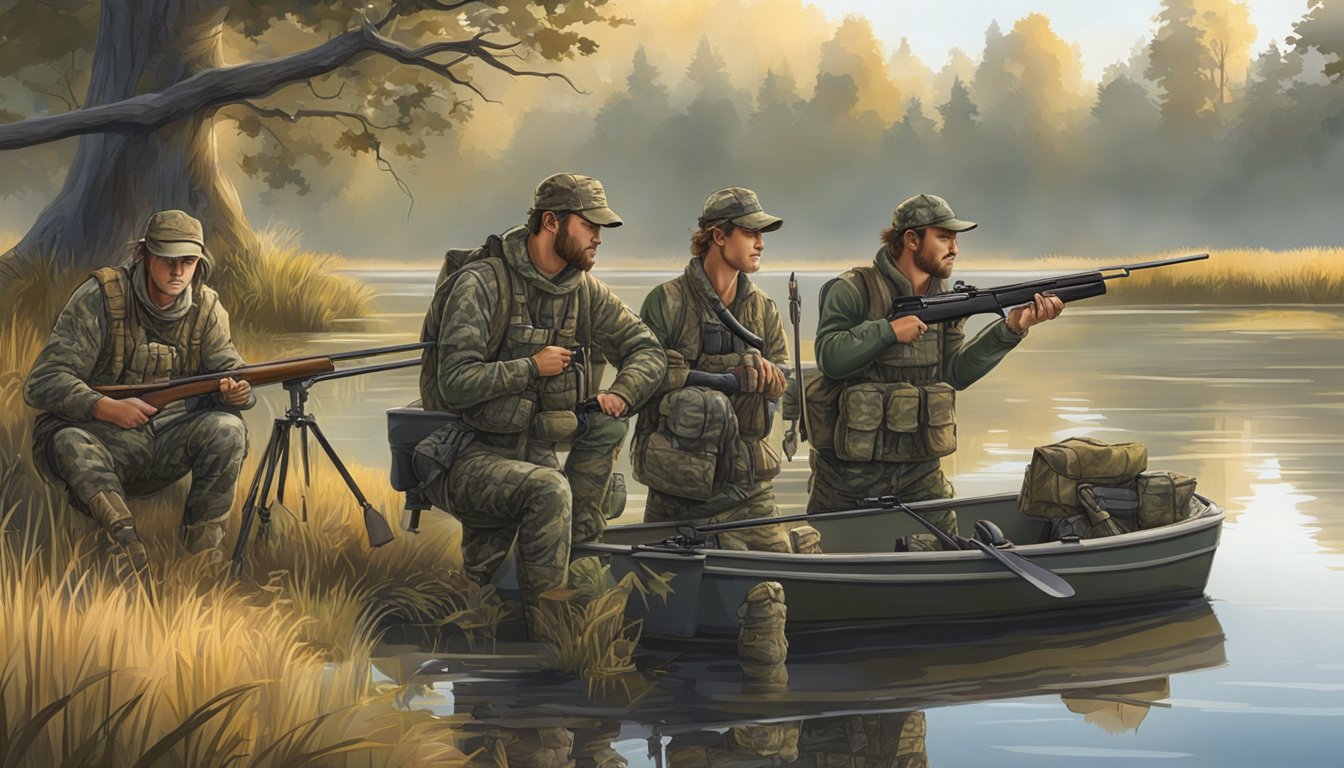 A group of hunters in camouflage gear gather their equipment by a tranquil lake in the early morning light