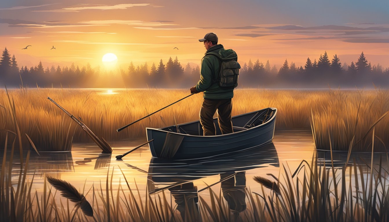 A hunter prepares decoys and sets up a blind in a marshy area, surrounded by tall grass and cattails. The sun is rising, casting a warm glow over the scene