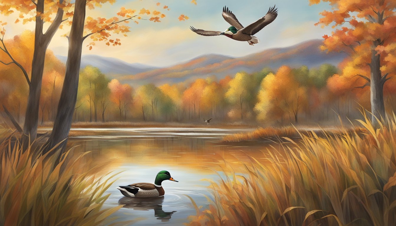 A hunter carefully aims at a duck flying over a serene wetland in West Virginia, surrounded by tall grass and colorful autumn foliage