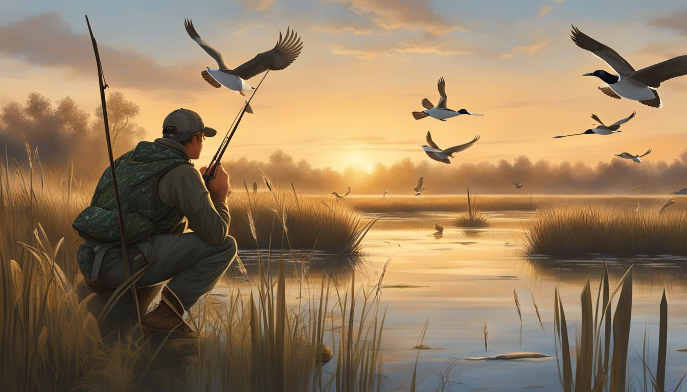 A hunter sets up decoys in a wetland, surrounded by tall grass and cattails, as ducks fly overhead in the early morning light