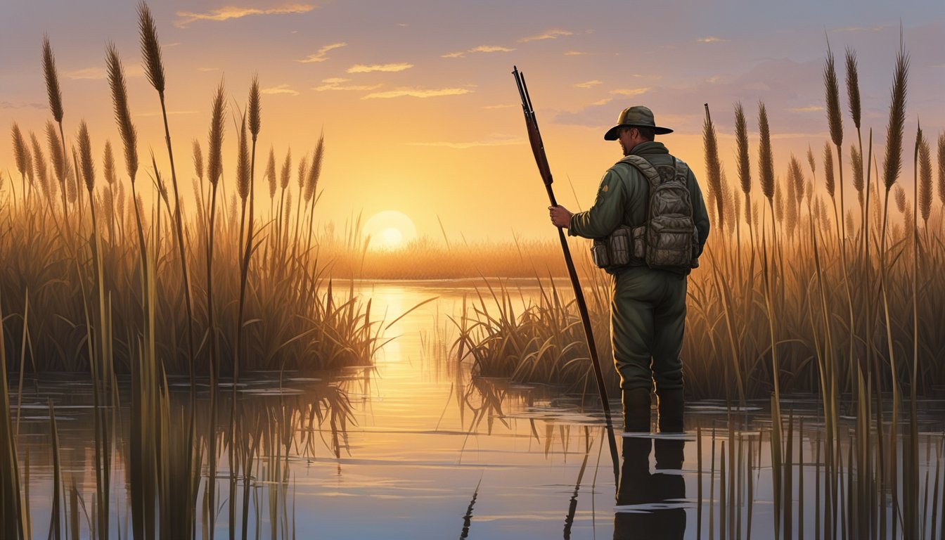 A lone duck hunter stands in a marshy wetland in Texas, surrounded by tall reeds and cattails. The early morning sun casts a warm glow over the scene as the hunter prepares for the day's hunt