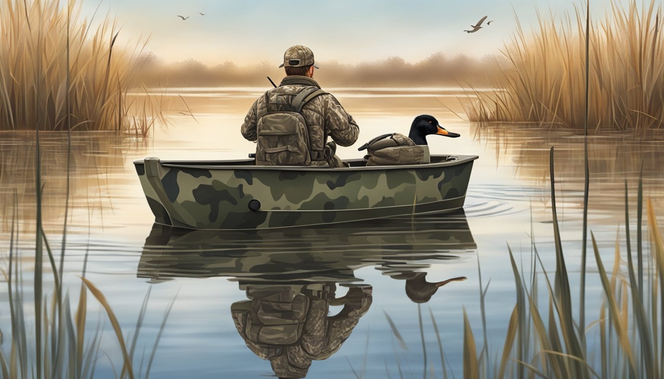 A hunter in camouflage waits in a duck blind, shotgun at the ready, as decoys float on the calm waters of a Texas marsh