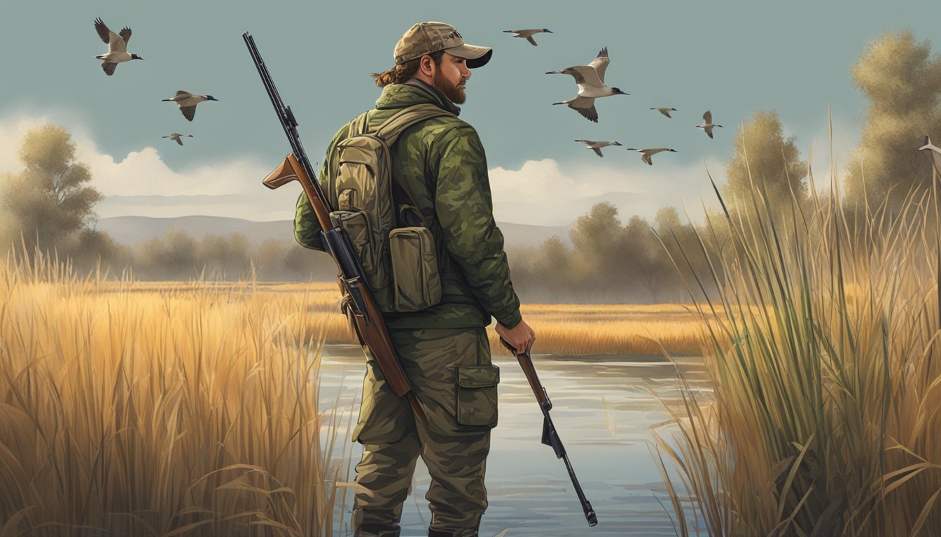 A hunter in camouflage gear stands by a marsh in Wyoming, shotgun in hand, surrounded by tall grass and reeds, with ducks flying in the distance