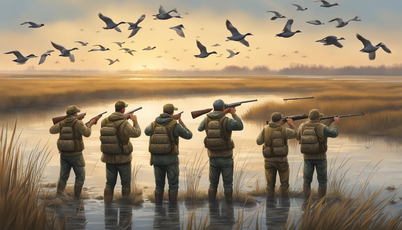 A group of hunters in camouflage waders and vests stand in a marsh, aiming their shotguns at a flock of ducks flying overhead