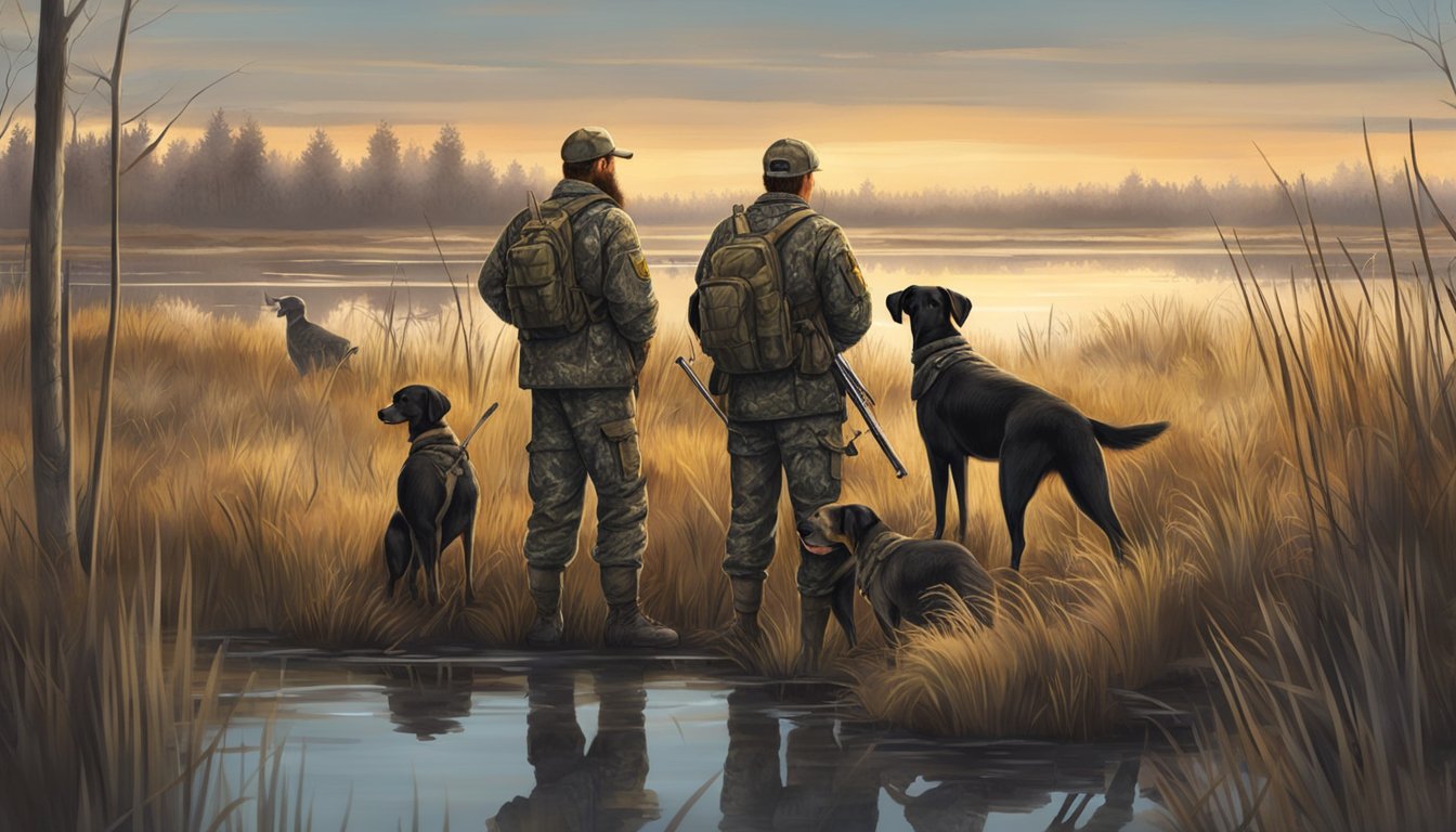 A group of hunters in camouflage gear stand along the edge of a marshy wetland, their hunting dogs eagerly awaiting the signal to retrieve the fallen ducks