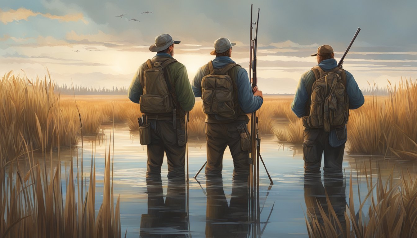 A group of hunters stand in a marshy wetland, surrounded by tall grasses and reeds. They hold their shotguns at the ready, scanning the sky for ducks