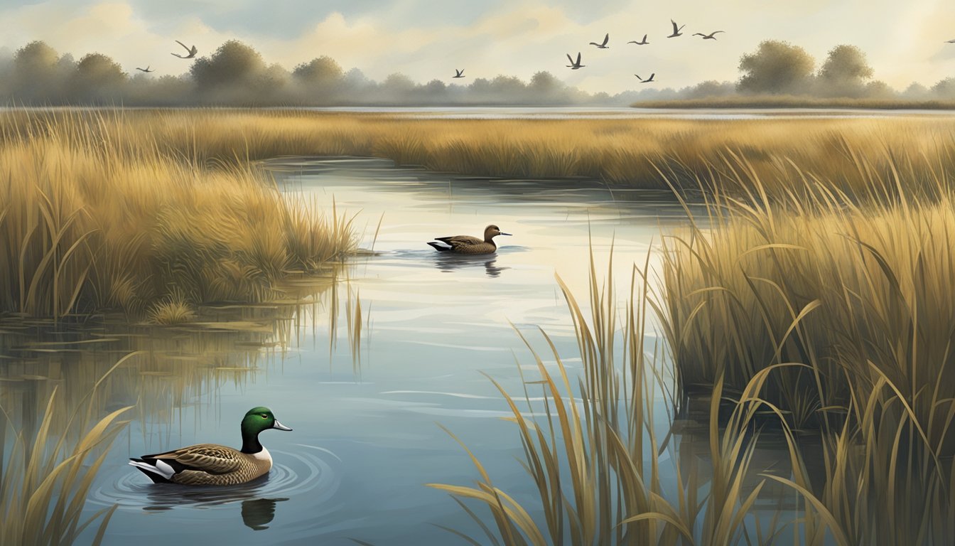 A hunter crouches in a marsh, surrounded by tall grasses and water. Ducks fly overhead, and decoys float on the water's surface