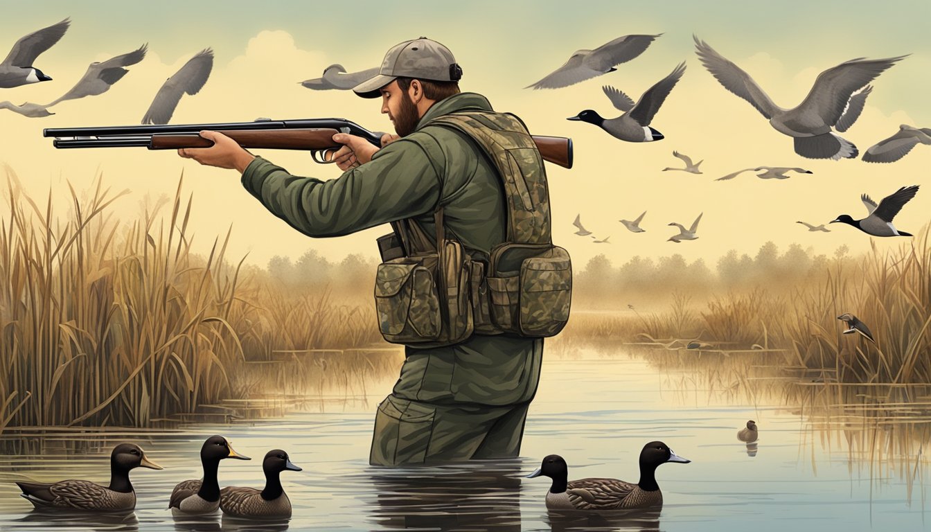 A hunter in camouflage aims a shotgun at a flock of ducks over a marshy Virginia wetland