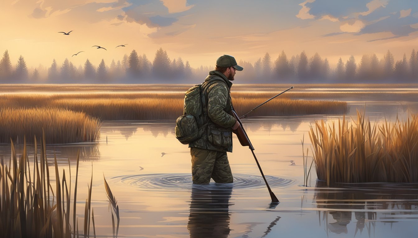 A hunter in camouflage wading through a marsh with a shotgun, surrounded by cattails and waterfowl in the early morning light