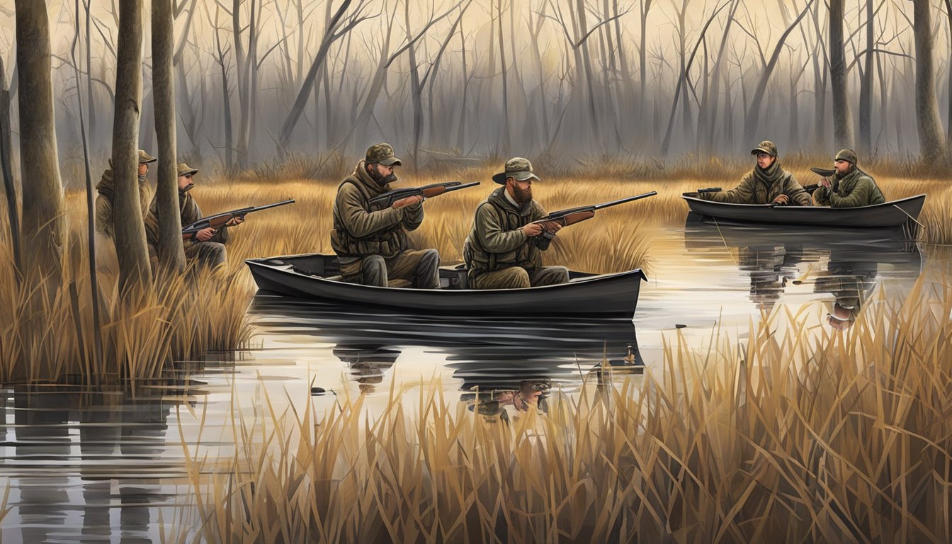 A group of hunters set up decoys and blinds in a marshy area of Wisconsin, using advanced strategies and techniques for duck hunting