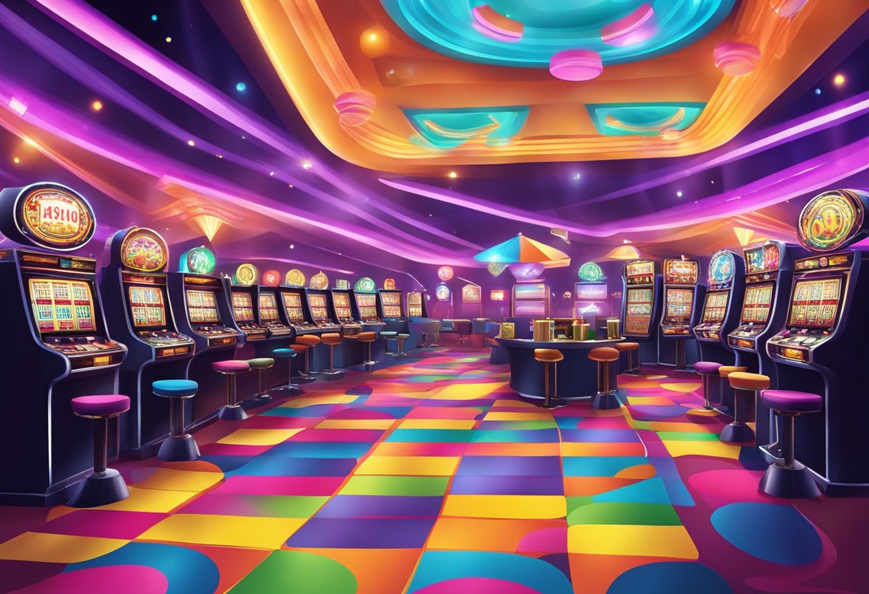 A colorful and vibrant casino floor filled with slot machines, card tables, and flashing lights, creating an exciting and dynamic atmosphere