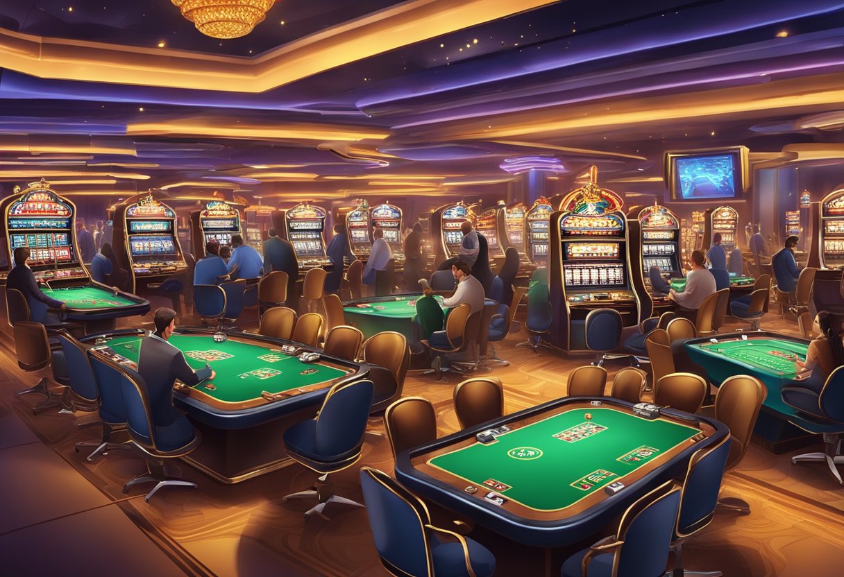 A bustling casino floor with slot machines, roulette tables, and poker games surrounded by flashing lights and a lively atmosphere