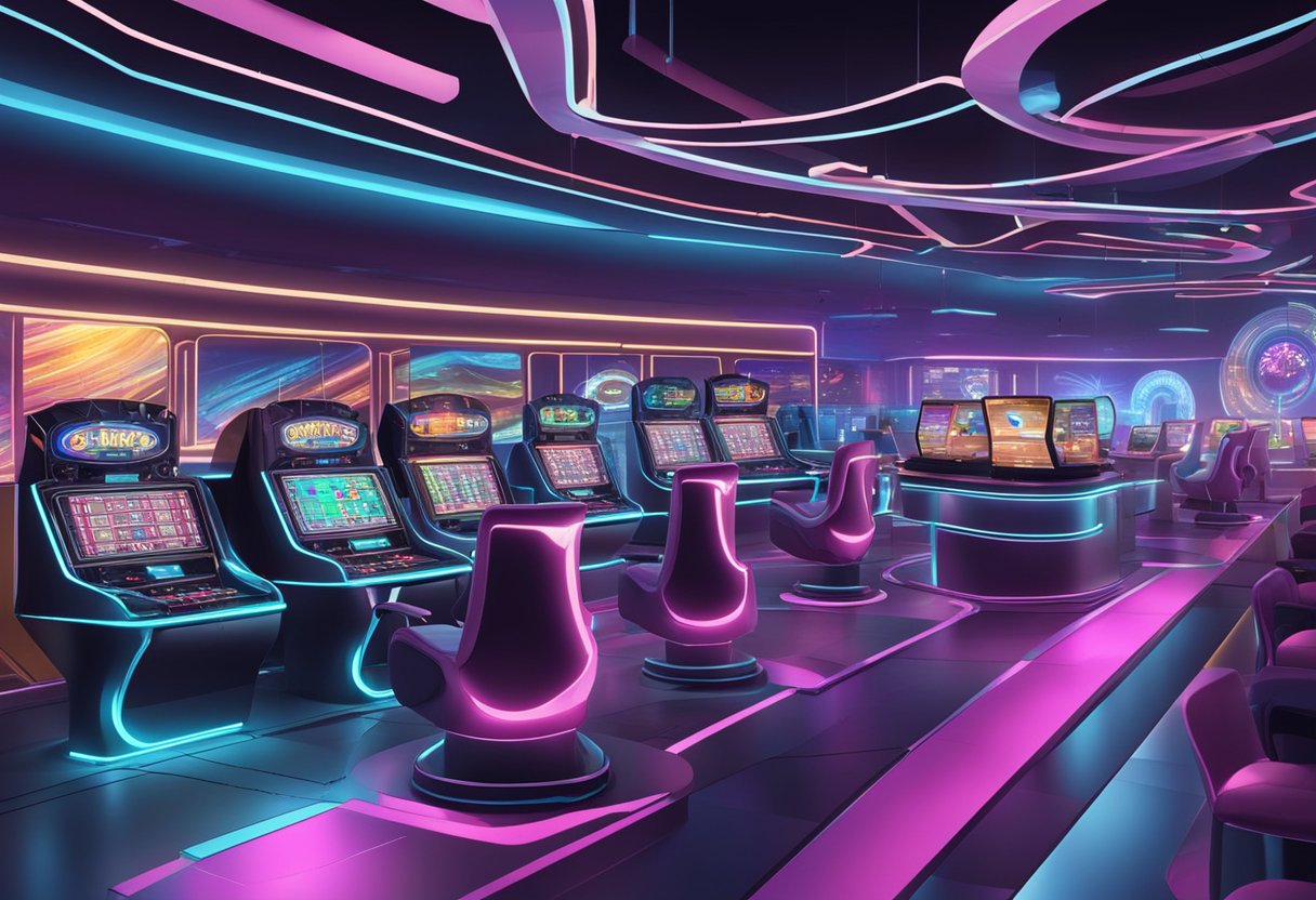 A futuristic casino with virtual reality gaming stations and holographic displays