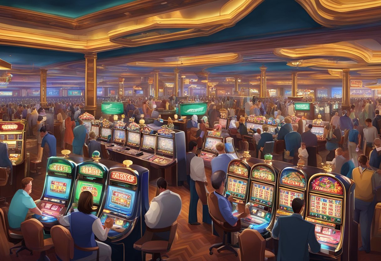 A bustling casino floor with slot machines, card tables, and flashing lights, surrounded by eager gamblers and a lively atmosphere