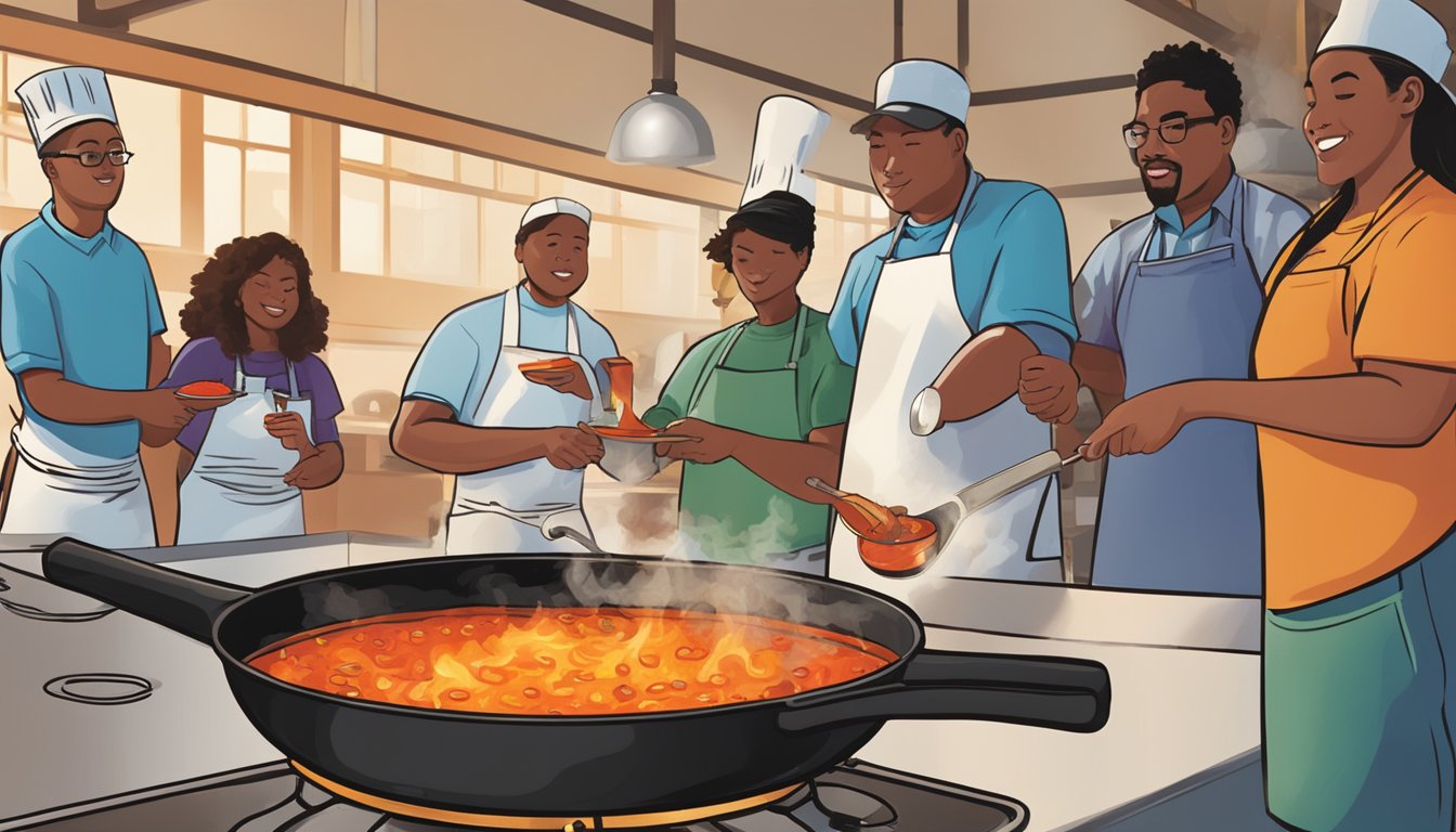 A sizzling skillet of Texas hot sauce simmers over a gas flame as a group of students eagerly watch a cooking instructor demonstrate the art of creating the popular spicy condiment