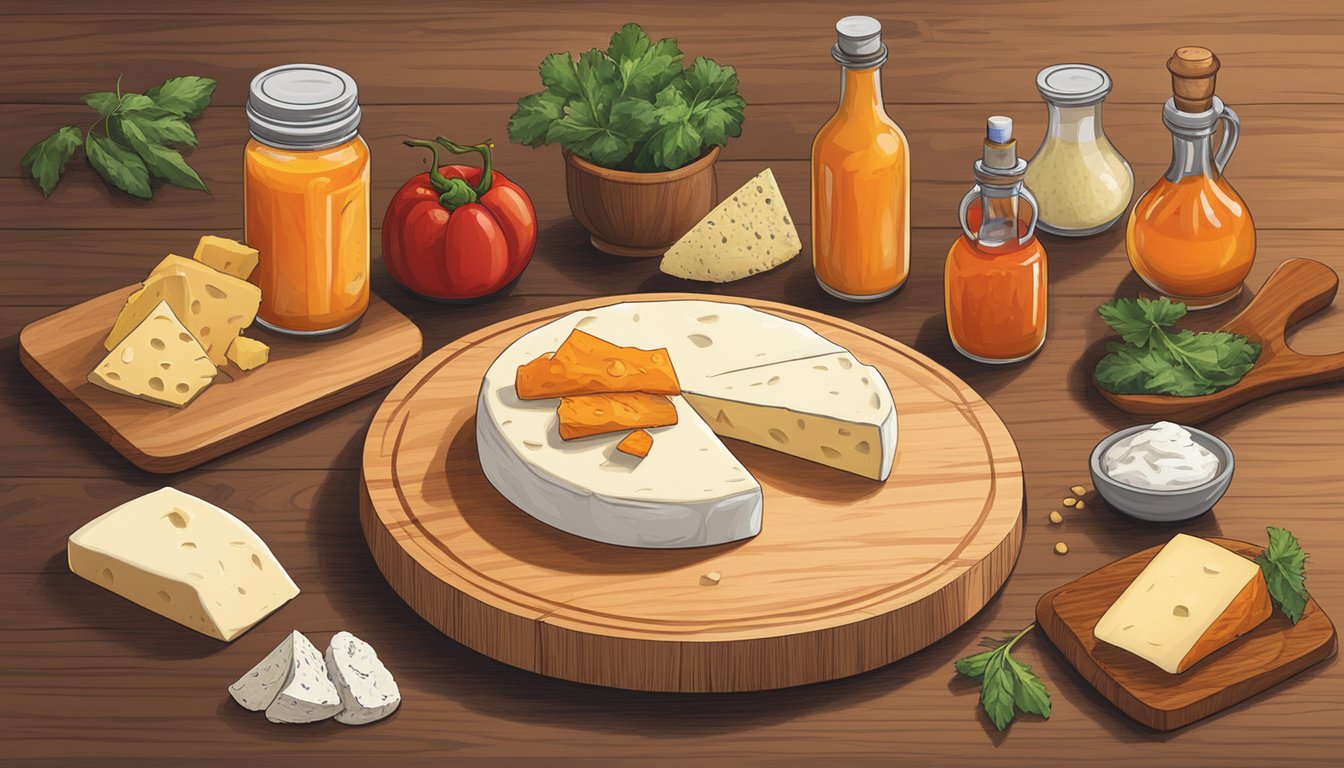 A wooden cutting board with a variety of artisanal cheeses arranged in a circle, with a bottle of Texas hot sauce placed in the center