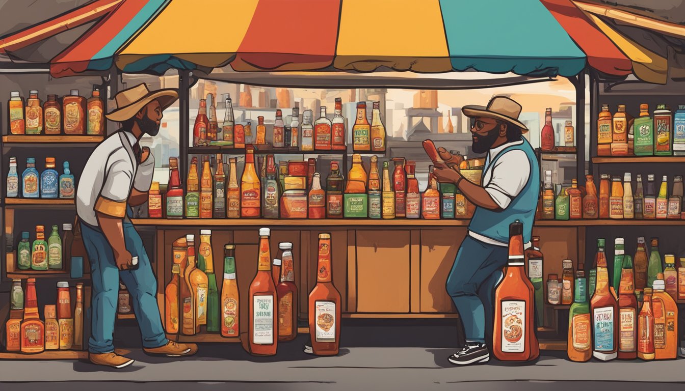 A bustling market stall showcases a variety of Texas hot sauce collaborations and limited edition bottles, with customers eagerly sampling and purchasing the fiery condiments