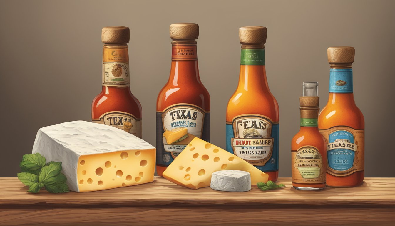 A rustic wooden table displays various artisanal cheeses accompanied by bottles of Texas hot sauce, creating a visual representation of the fusion between flavor profiles and heat levels in the culinary world