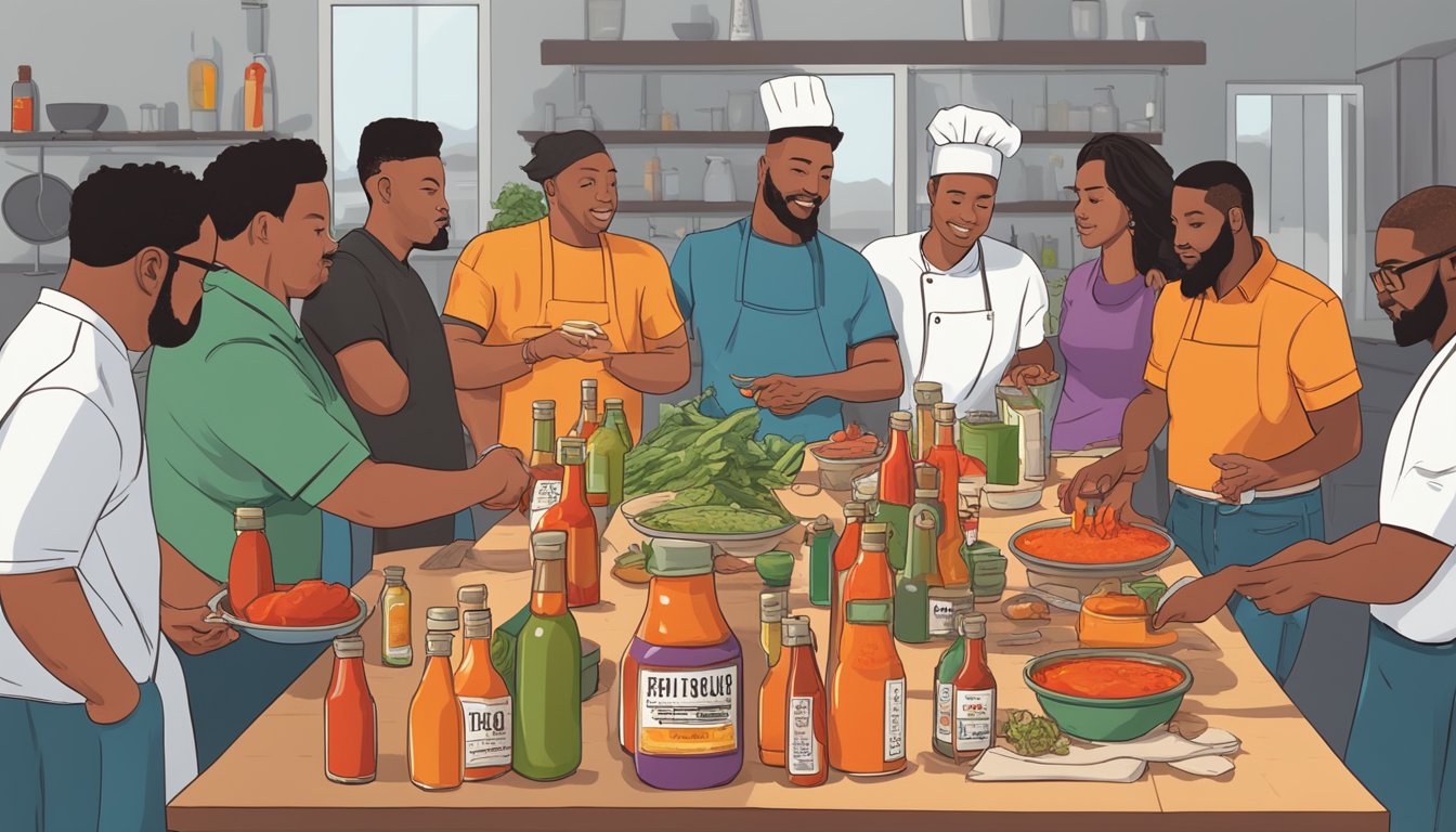 A group of people gather around a table filled with various hot sauce ingredients, as a cooking instructor leads a class on Texas hot sauce flavor profiles