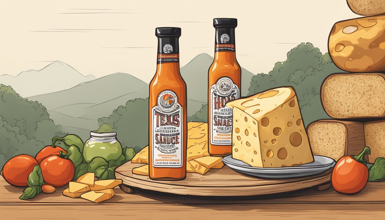 A bottle of Texas hot sauce drips onto a wheel of artisanal cheese, infusing it with spicy flavor