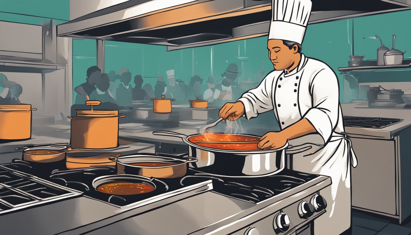 A chef stirring a pot of hot sauce over a sizzling stove in a bustling Texas cooking class