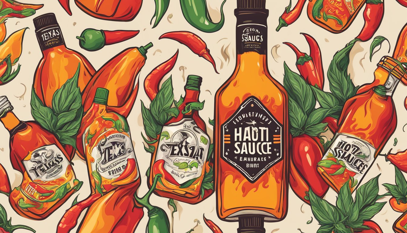 Two hot sauce brands' logos merge into one, surrounded by chili peppers and flames, symbolizing the rise of Texas hot sauce collaborations and limited editions