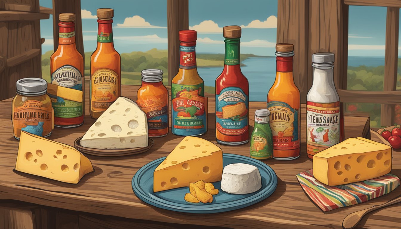 A rustic wooden table displays a variety of artisanal cheeses and bottles of Texas hot sauce, with labels and packaging featuring bold, colorful designs