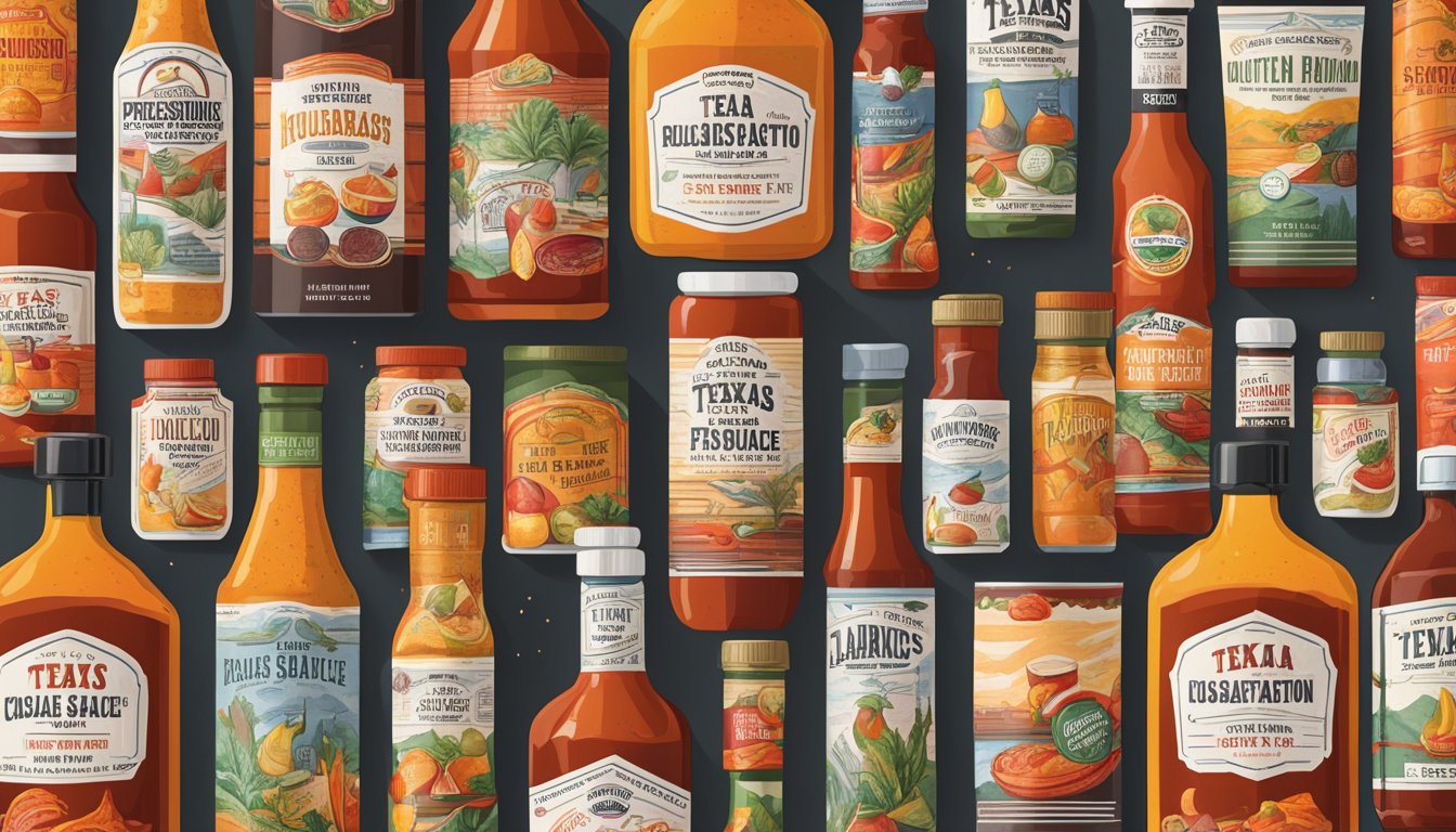 A bustling Texas hot sauce factory with various bottles and labels, showcasing collaboration and limited edition products