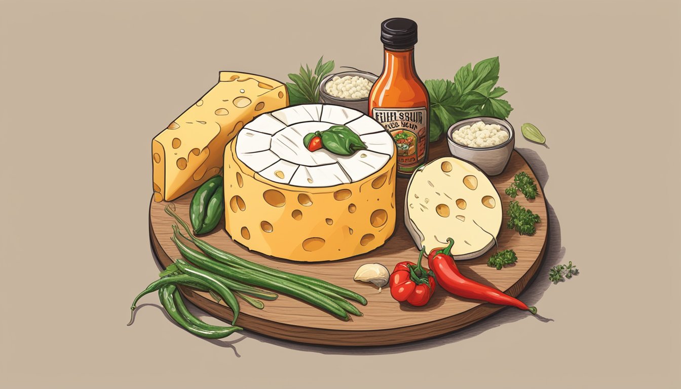 A wheel of artisanal cheese sits next to a bottle of Texas hot sauce, surrounded by fresh ingredients like peppers, garlic, and herbs