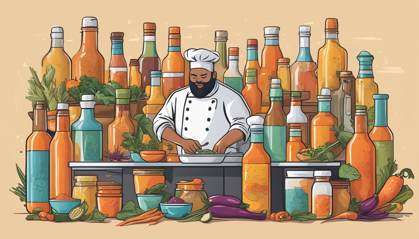 A bustling kitchen with chefs creating unique hot sauce blends, surrounded by bottles and ingredients for collaborative limited editions