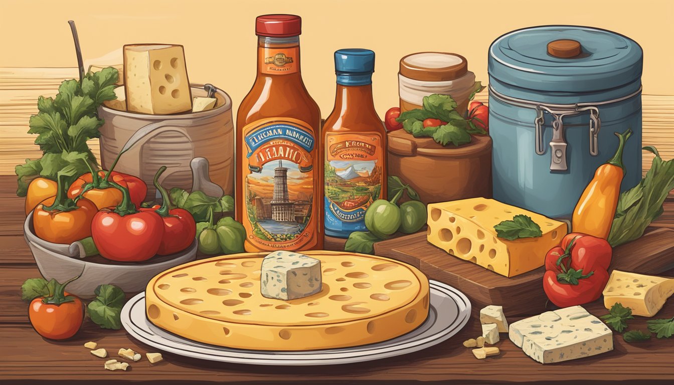 A Texan hot sauce bottle pouring onto a wheel of artisanal cheese, with a backdrop of Texan cultural symbols and culinary ingredients