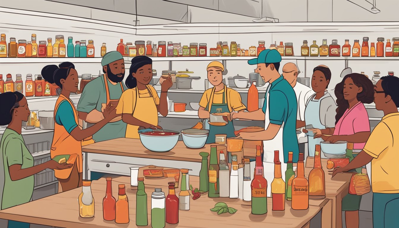 A group of people gather in a spacious kitchen, surrounded by shelves of colorful hot sauces. A chef leads a cooking class, demonstrating how to create the perfect Texas hot sauce