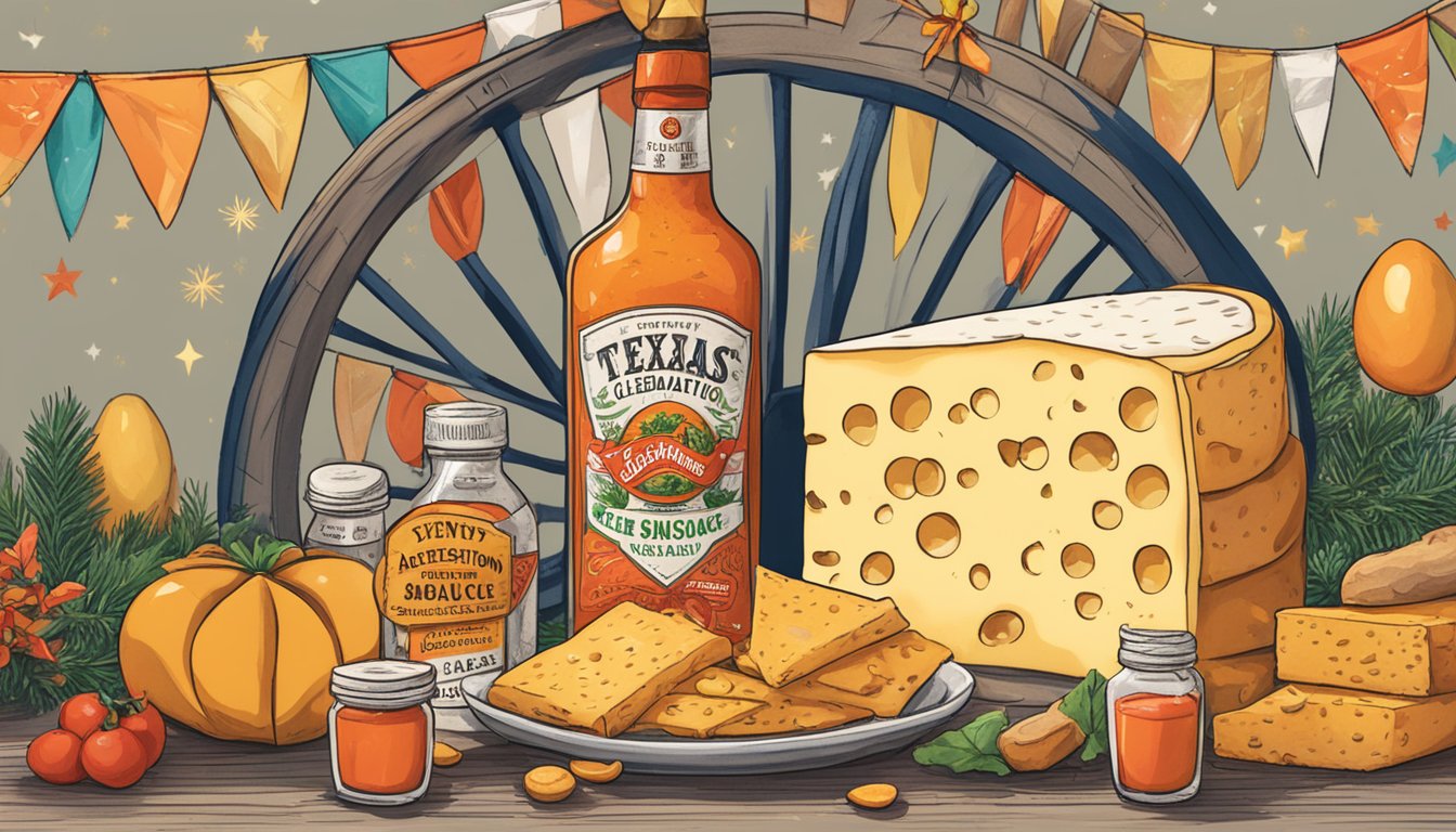 A wheel of artisanal cheese sits next to a bottle of Texas hot sauce, surrounded by festive decorations and a banner reading "Events and Celebrations."